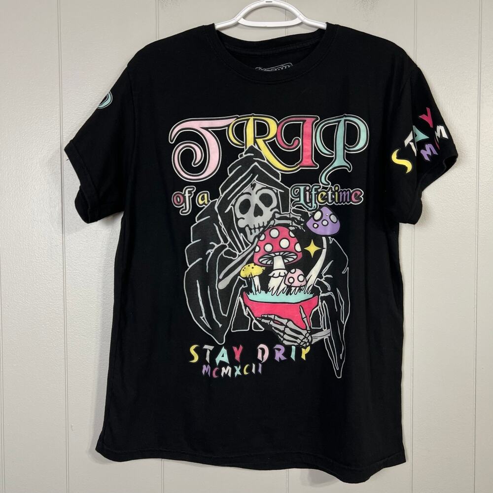 Skeleton Mushroom Trip of a Lifetime Graphic Tee Mens M Fresh Laundry Black